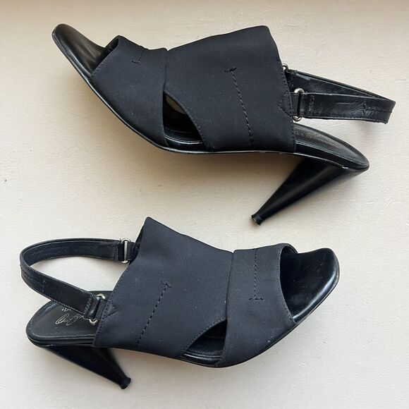 Donald J Pliner Black Stretch Fabric Heeled Slingback Italian Sandals Women 8.5 - Picture 1 of 16